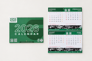 Contoh kalender dinding custom sebagai merchandise perusahaan.