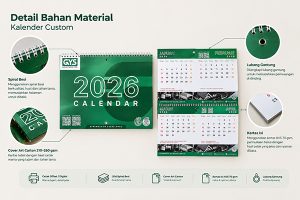 Detail jenis kertas dan finishing pada kalender custom perusahaan.