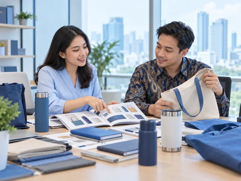Illustrative scene with Indonesian professionals, sourcing scene for a custom merchandise project