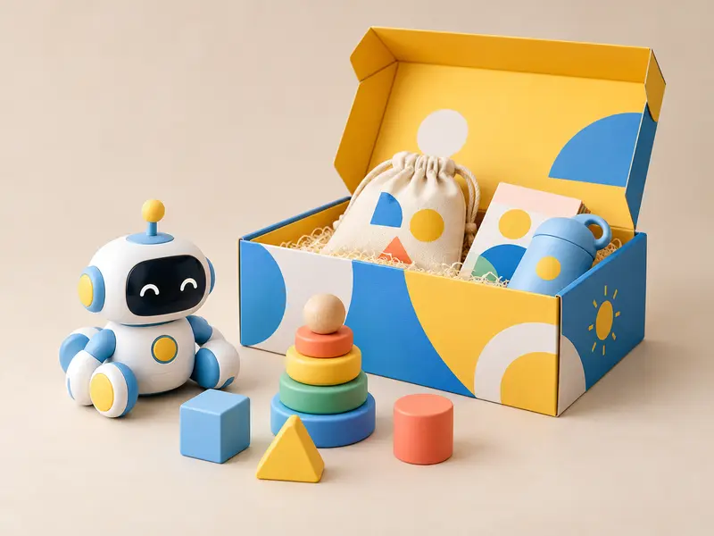 Illustrative campaign and gift-with-purchase kit with toys and custom packaging