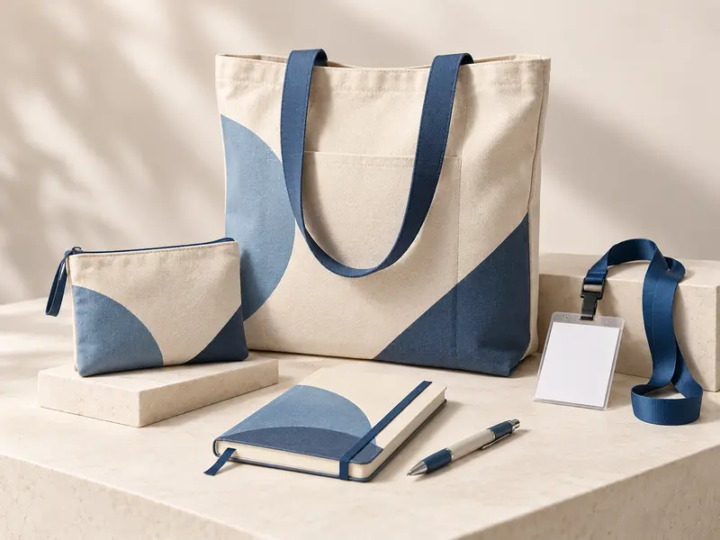 Illustrative event and seminar kit with canvas tote bag and stationery