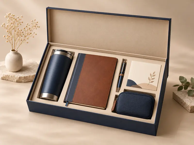 Illustrative corporate gift and onboarding set with tumbler, notebook, and presentation box